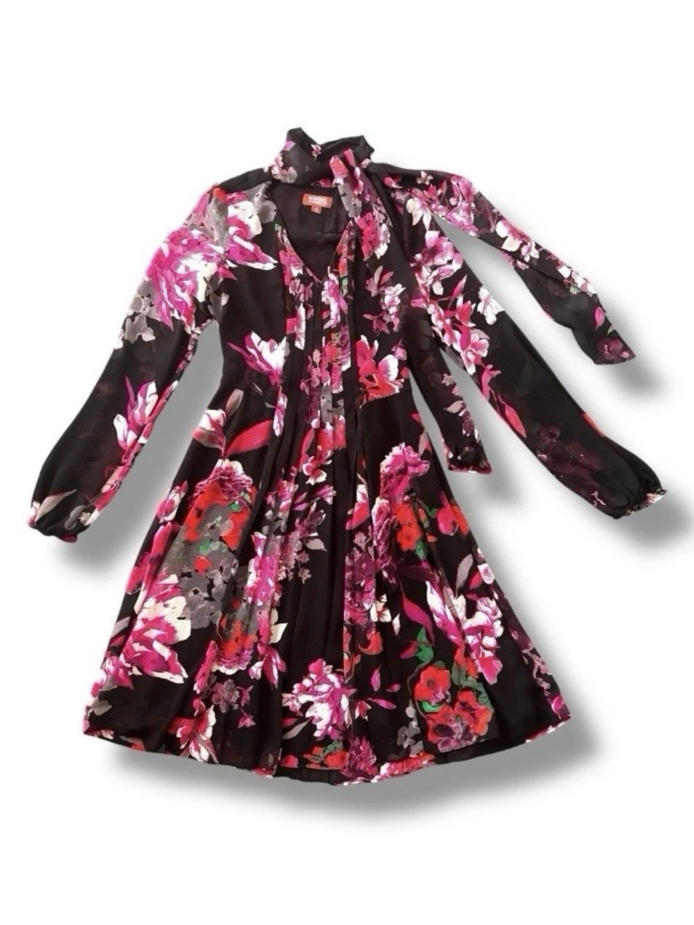 Tie Neck Pleated Floral Print Midi Dress